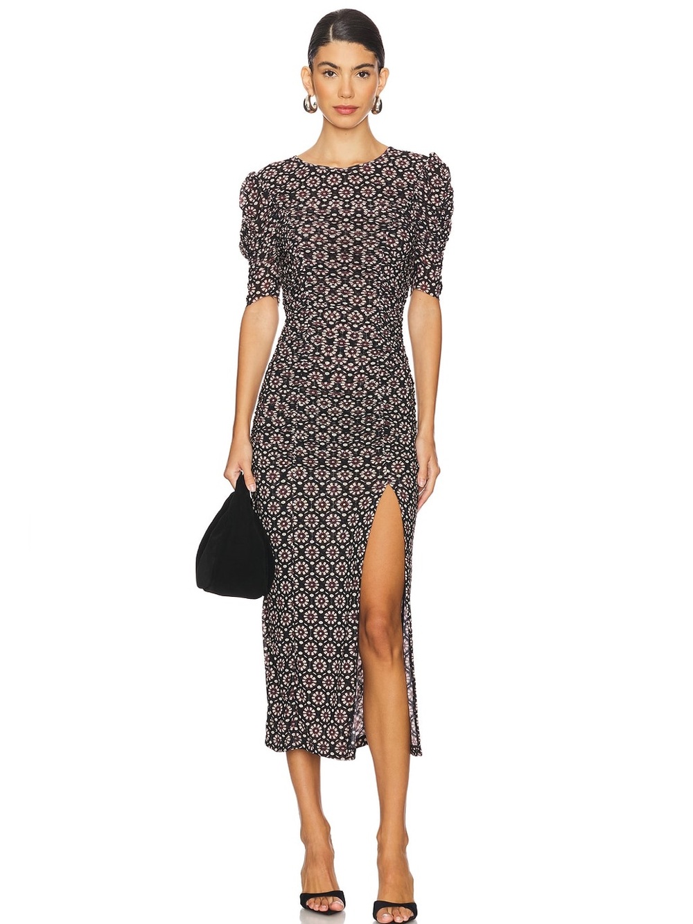 FREE PEOPLE Briella Midi Dress XS Black Burgundy Floral Puff Sleeve Side Slit XS